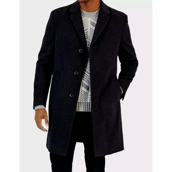 Nautica Mens 44R Wool CASHMERE $395 Trench Coat 3 Button Mid Length Jacket Black - Picture 1 of 9